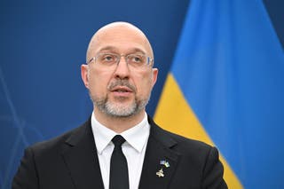Ukrainian Defence Minister Denys Shmyhal delivers a joint press conference with his Swedish counterpart on November 6, 2025 in Solna, near Stockholm, Sweden